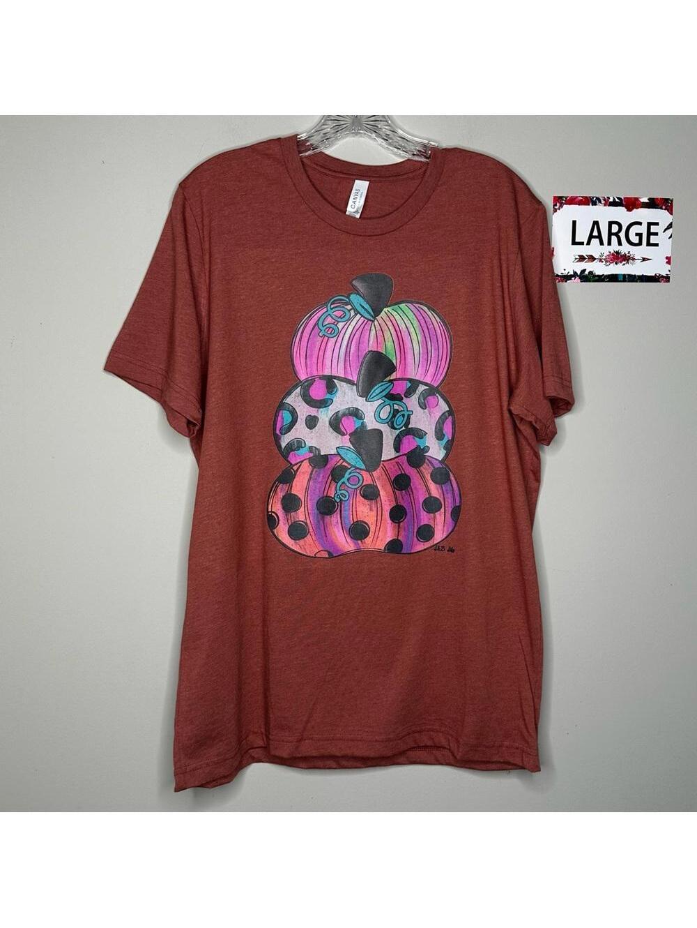 Triple Pumpkin Tower Large Fall Tee shirt - Rust